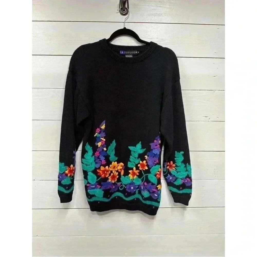 Vintage Black Sweater with Green, Purple and Orange Floral Design